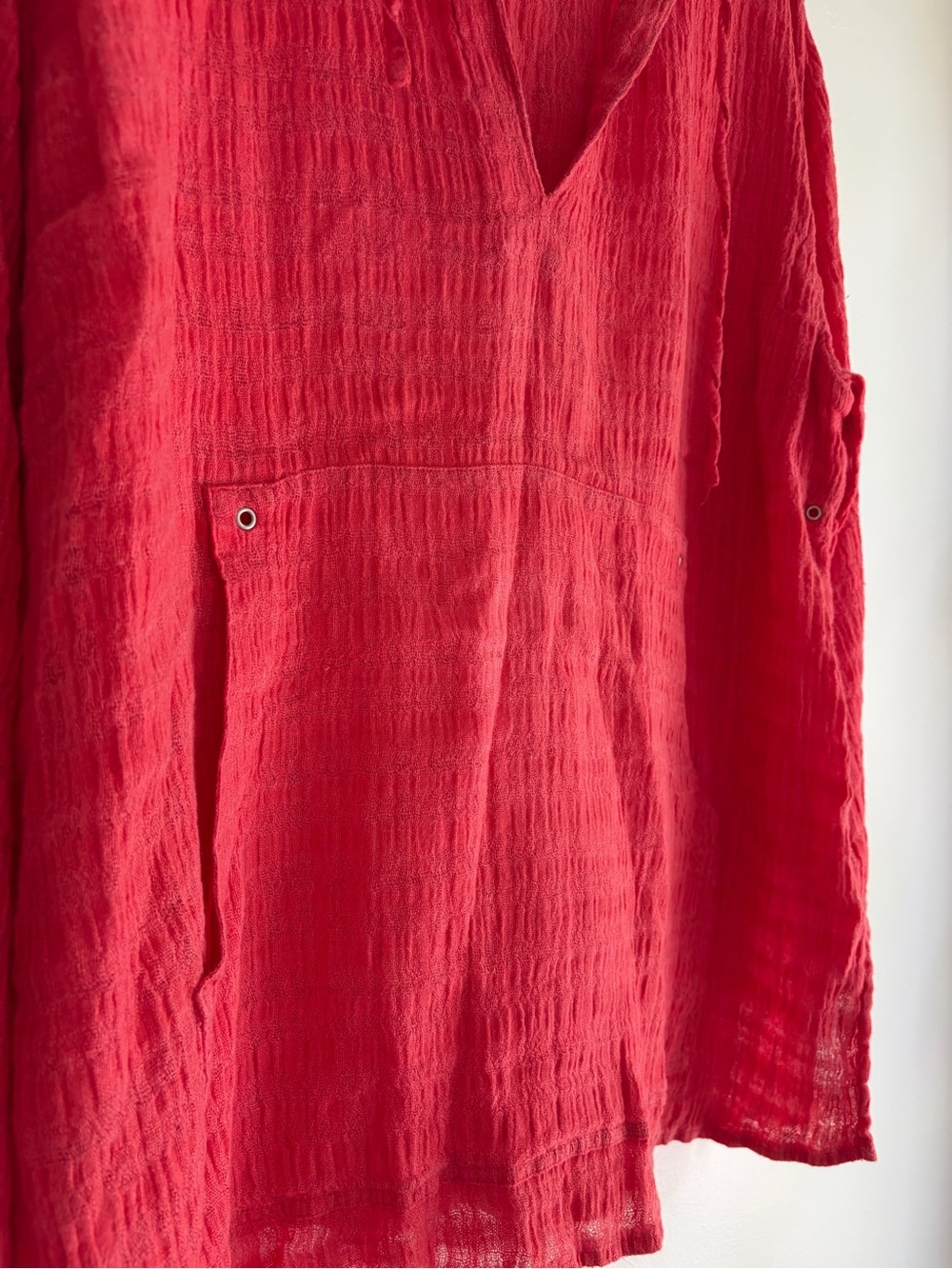 Chico's Coral Orange 100% Linen Gauzy Hooded Long Sleeve Blouse Size 3 - Picture 3 of 5